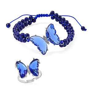 Blue Glass, Simulated Diamond and Lapis Lazuli 49.05 ctw Beaded Butterfly Bracelet (6.0In) and Adjustable Ring in Silvertone