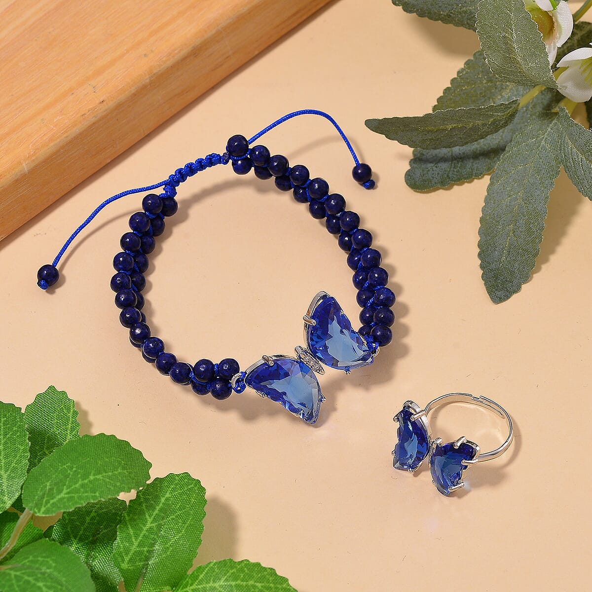 Blue Glass, Simulated Diamond and Lapis Lazuli 49.05 ctw Beaded Butterfly Bracelet (6.0In) and Adjustable Ring in Silvertone image number 1
