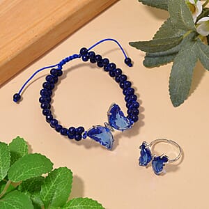 Blue Glass, Simulated Diamond and Lapis Lazuli 49.00 ctw Beaded Butterfly Adjustable Bracelet and Ring (Size 6-9) in Silvertone