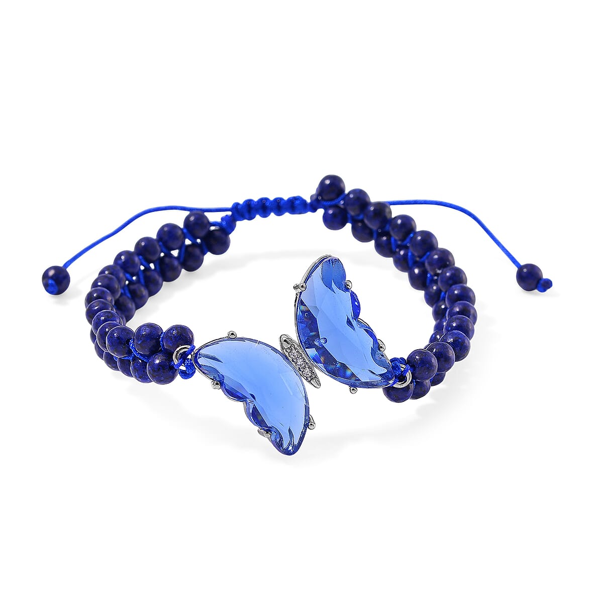 Blue Glass, Simulated Diamond and Lapis Lazuli 49.05 ctw Beaded Butterfly Bracelet (6.0In) and Adjustable Ring in Silvertone image number 2