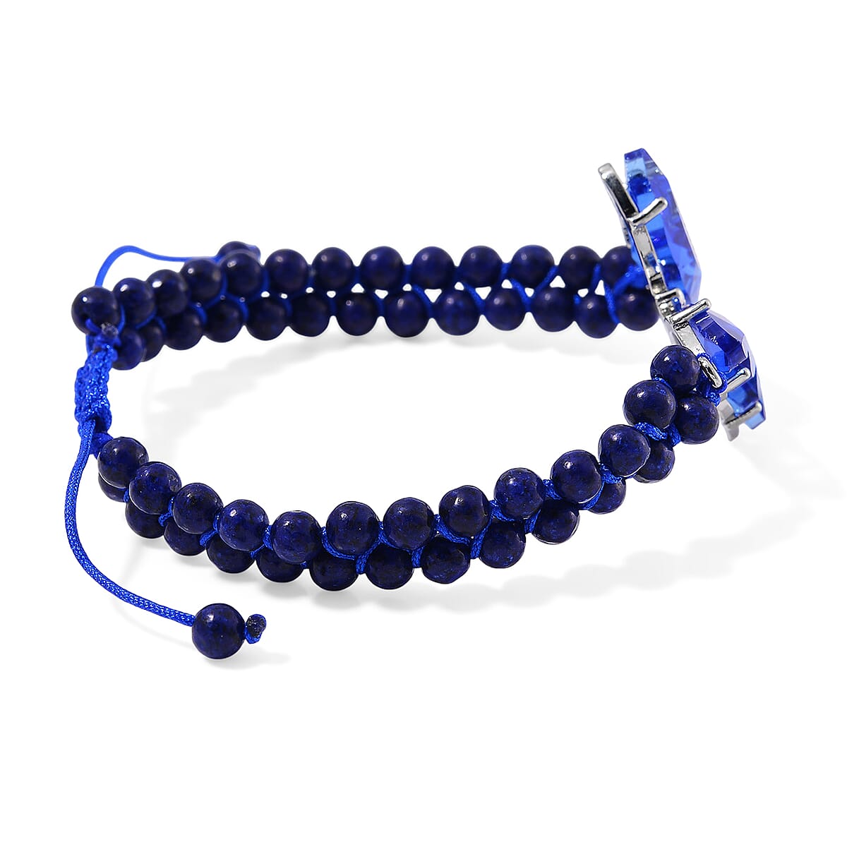 Blue Glass, Simulated Diamond and Lapis Lazuli 49.05 ctw Beaded Butterfly Bracelet (6.0In) and Adjustable Ring in Silvertone image number 3