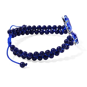 Blue Glass, Simulated Diamond and Lapis Lazuli 49.00 ctw Beaded Butterfly Adjustable Bracelet and Ring (Size 6-9) in Silvertone