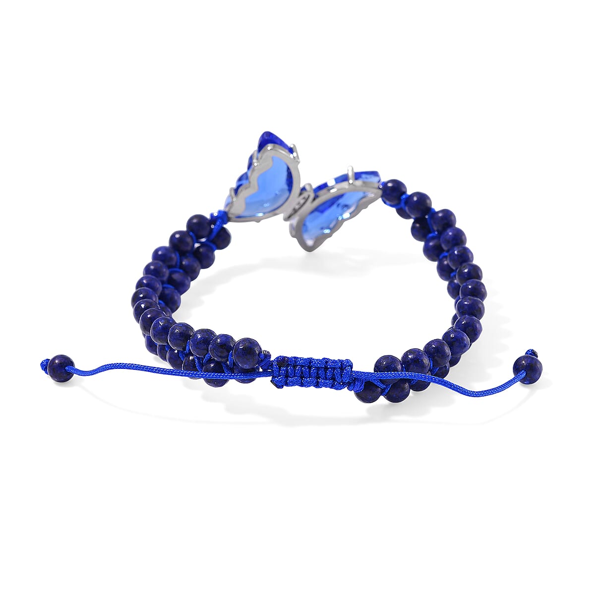 Blue Glass, Simulated Diamond and Lapis Lazuli 49.05 ctw Beaded Butterfly Bracelet (6.0In) and Adjustable Ring in Silvertone image number 4
