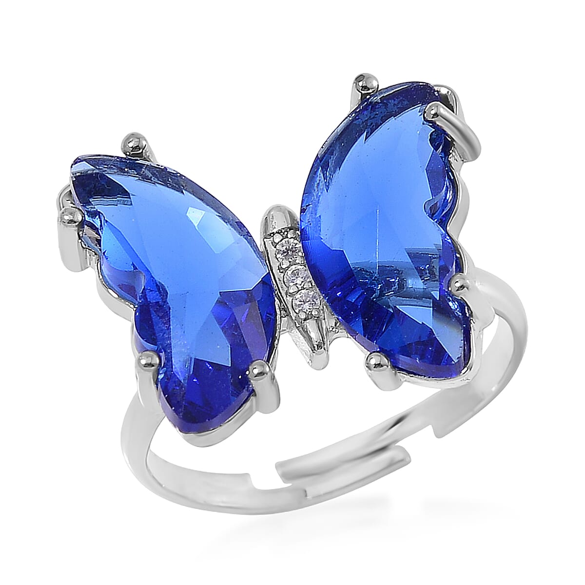 Blue Glass, Simulated Diamond and Lapis Lazuli 49.05 ctw Beaded Butterfly Bracelet (6.0In) and Adjustable Ring in Silvertone image number 5