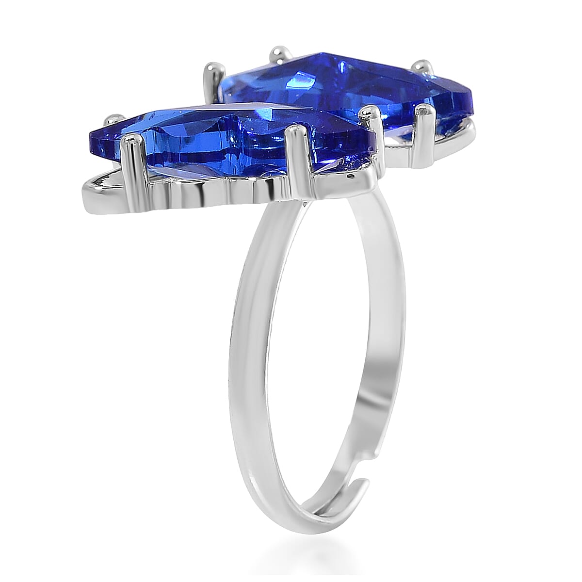 Blue Glass, Simulated Diamond and Lapis Lazuli 49.05 ctw Beaded Butterfly Bracelet (6.0In) and Adjustable Ring in Silvertone image number 6