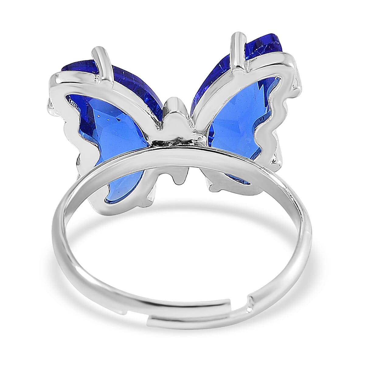 Blue Glass, Simulated Diamond and Lapis Lazuli 49.05 ctw Beaded Butterfly Bracelet (6.0In) and Adjustable Ring in Silvertone image number 7