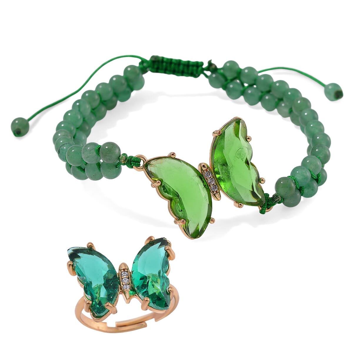 Green Glass, Simulated Diamond and Green Aventurine 49.05 ctw Beaded Butterfly Bracelet (6.0In) and Adjustable Ring in Goldtone image number 0