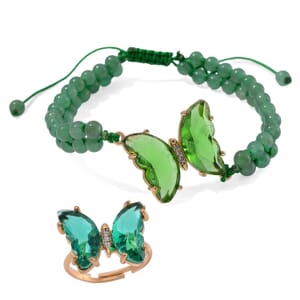 Green Glass, Simulated Diamond and Green Aventurine 49.05 ctw Beaded Butterfly Bracelet (6.0In) and Adjustable Ring in Goldtone