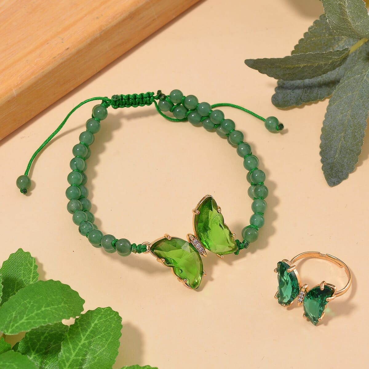 Green Glass, Simulated Diamond and Green Aventurine 49.05 ctw Beaded Butterfly Bracelet (6.0In) and Adjustable Ring in Goldtone image number 1