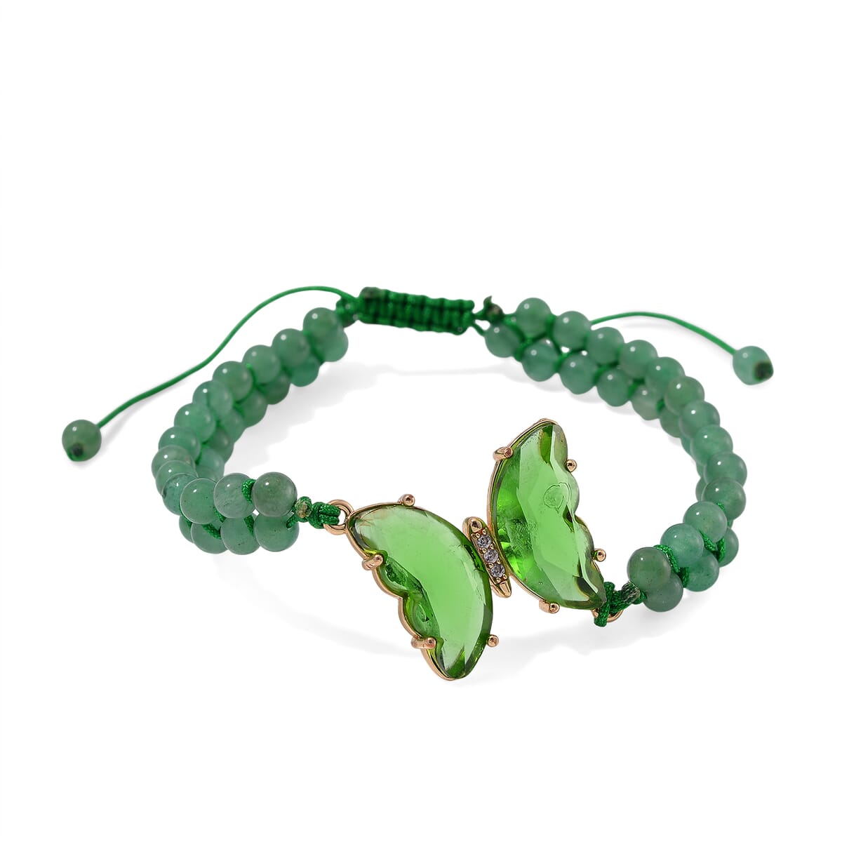 Green Glass, Simulated Diamond and Green Aventurine 49.05 ctw Beaded Butterfly Bracelet (6.0In) and Adjustable Ring in Goldtone image number 2