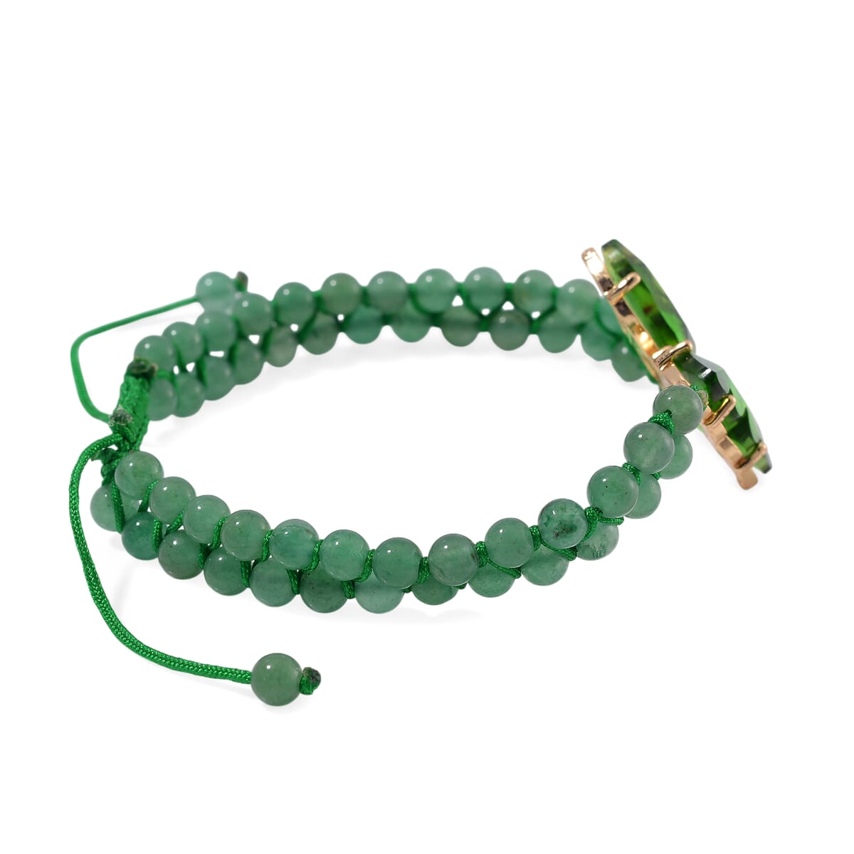 Green Glass, Simulated Diamond and Green Aventurine 49.05 ctw Beaded Butterfly Bracelet (6.0In) and Adjustable Ring in Goldtone image number 3