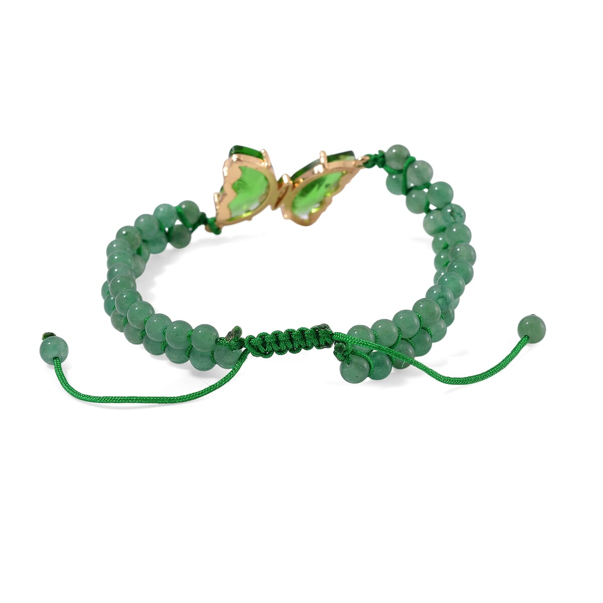 Green Glass, Simulated Diamond and Green Aventurine 49.05 ctw Beaded Butterfly Bracelet (6.0In) and Adjustable Ring in Goldtone image number 4