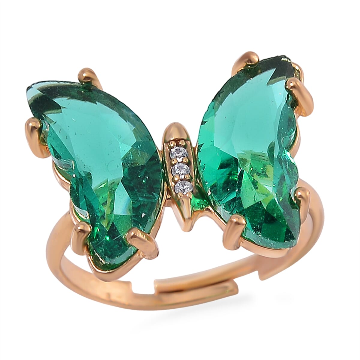 Green Glass, Simulated Diamond and Green Aventurine 49.05 ctw Beaded Butterfly Bracelet (6.0In) and Adjustable Ring in Goldtone image number 5