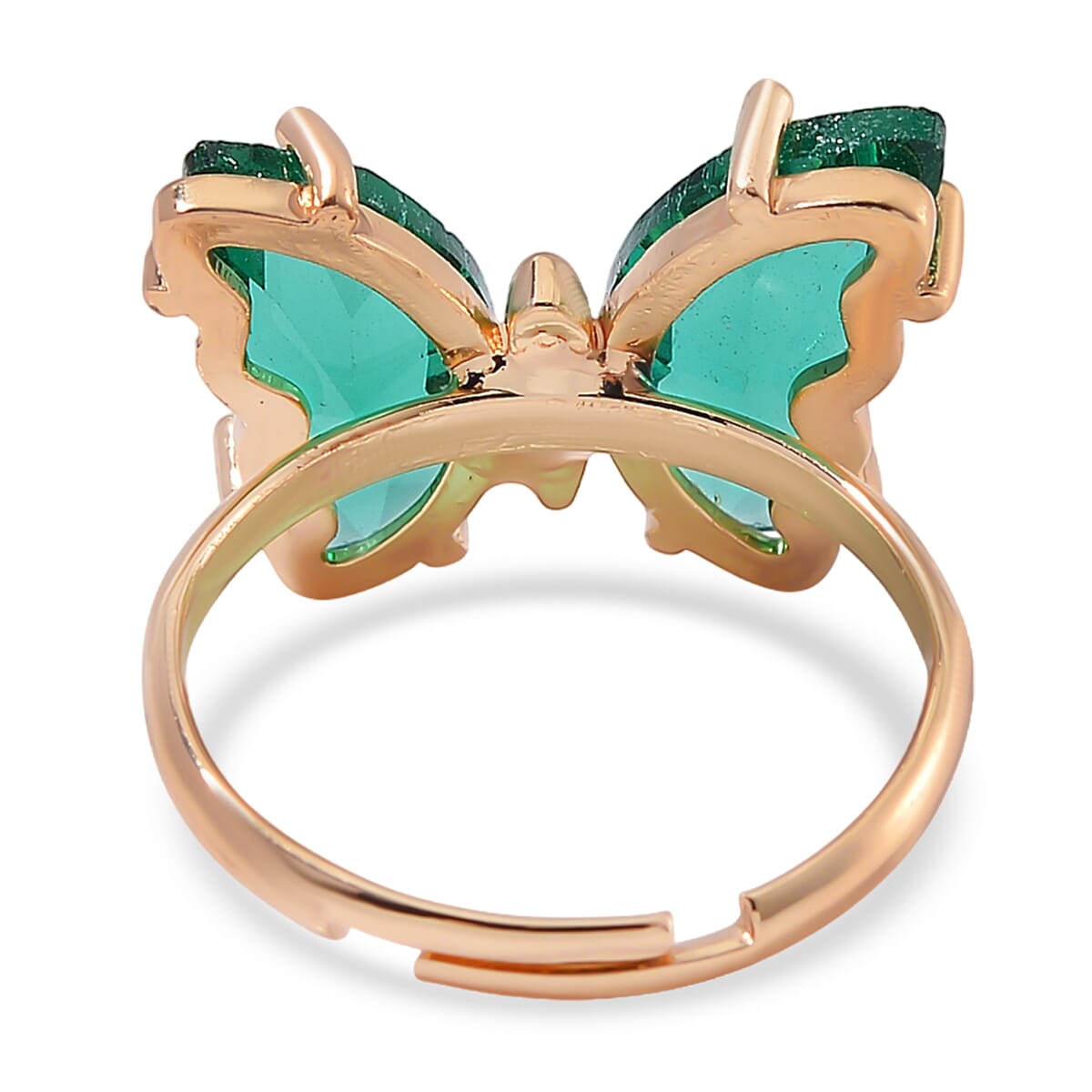 Green Glass, Simulated Diamond and Green Aventurine 49.05 ctw Beaded Butterfly Bracelet (6.0In) and Adjustable Ring in Goldtone image number 7