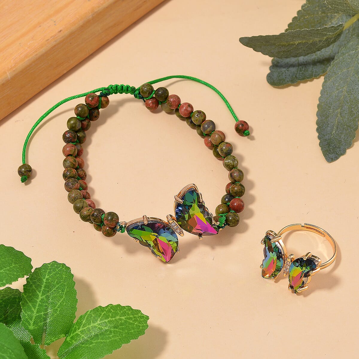Green Magic Glass, Simulated Diamond and Unakite 49.05 ctw Beaded Butterfly Adjustable Bracelet and Ring (Size 6-9) in Goldtone image number 1