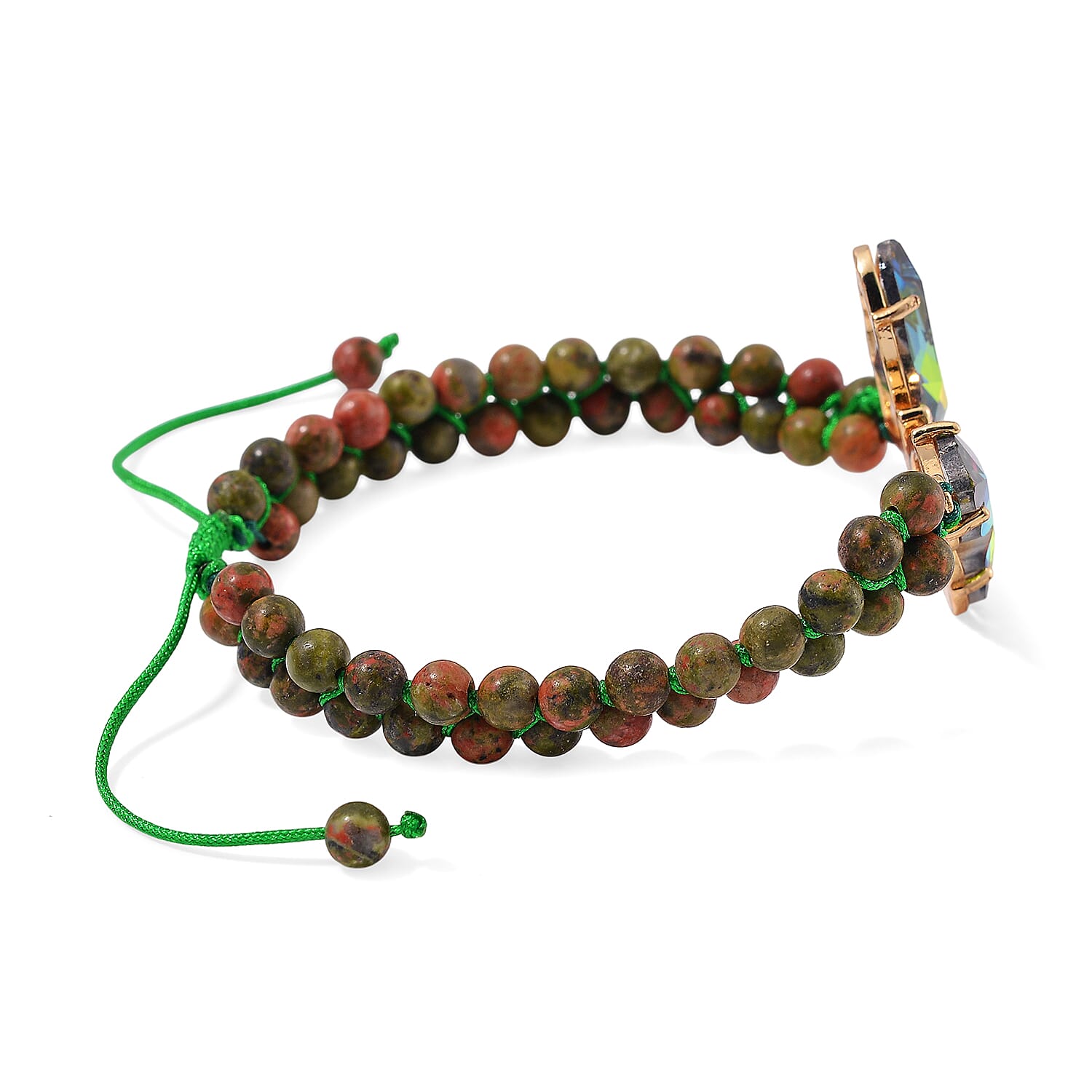 Green Magic Glass, Simulated Diamond and Unakite 49.05 ctw Beaded Butterfly Adjustable Bracelet and Ring (Size 6-9) in Goldtone