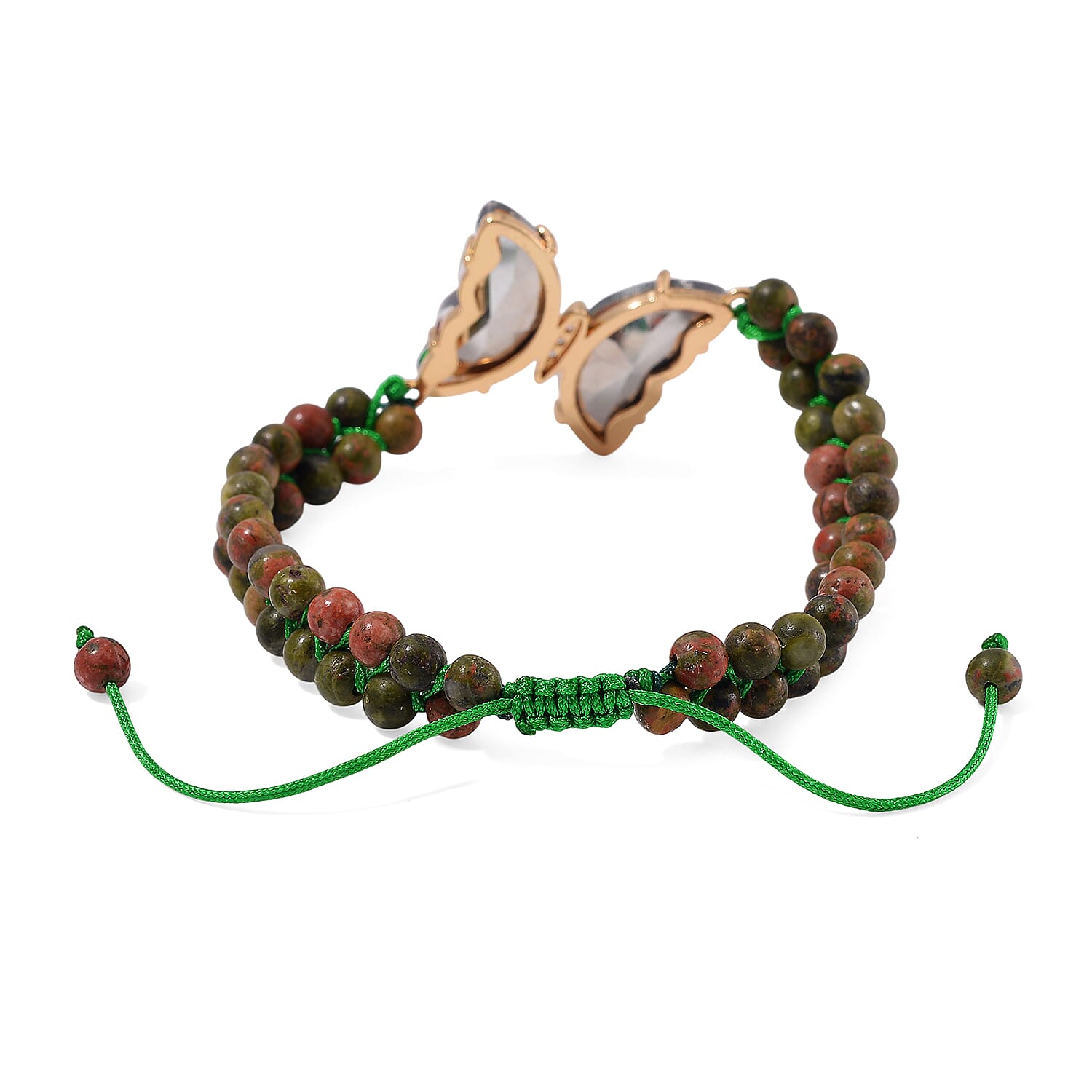 Green Magic Glass, Simulated Diamond and Unakite 49.05 ctw Beaded Butterfly Adjustable Bracelet and Ring (Size 6-9) in Goldtone