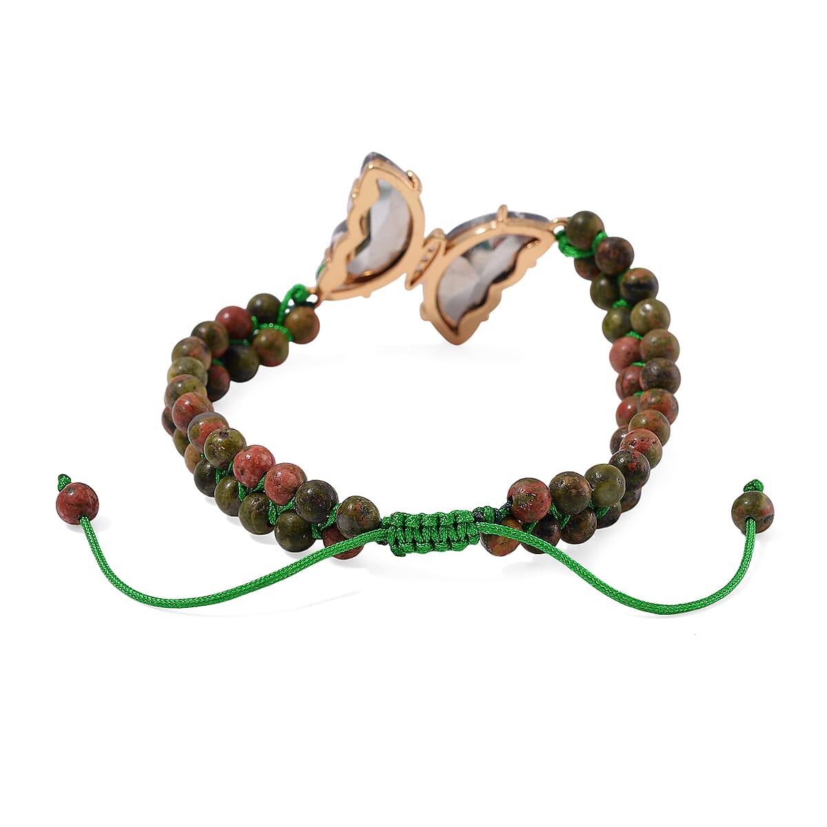 Green Magic Glass, Simulated Diamond and Unakite 49.05 ctw Beaded Butterfly Adjustable Bracelet and Ring (Size 6-9) in Goldtone image number 4