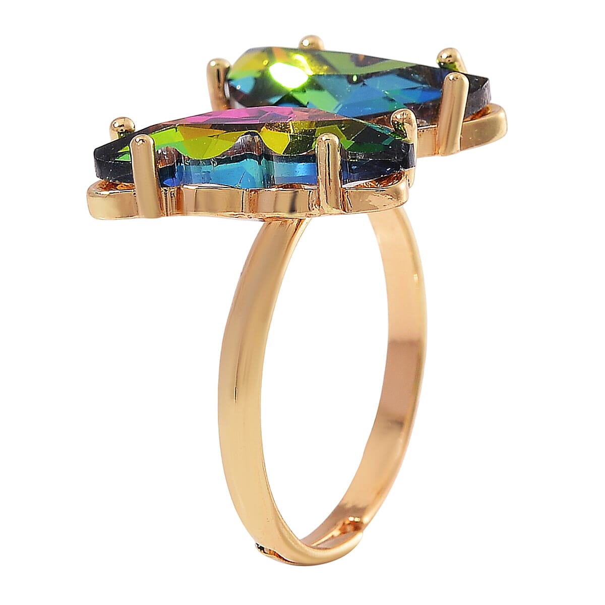 Green Magic Glass, Simulated Diamond and Unakite 49.05 ctw Beaded Butterfly Adjustable Bracelet and Ring (Size 6-9) in Goldtone