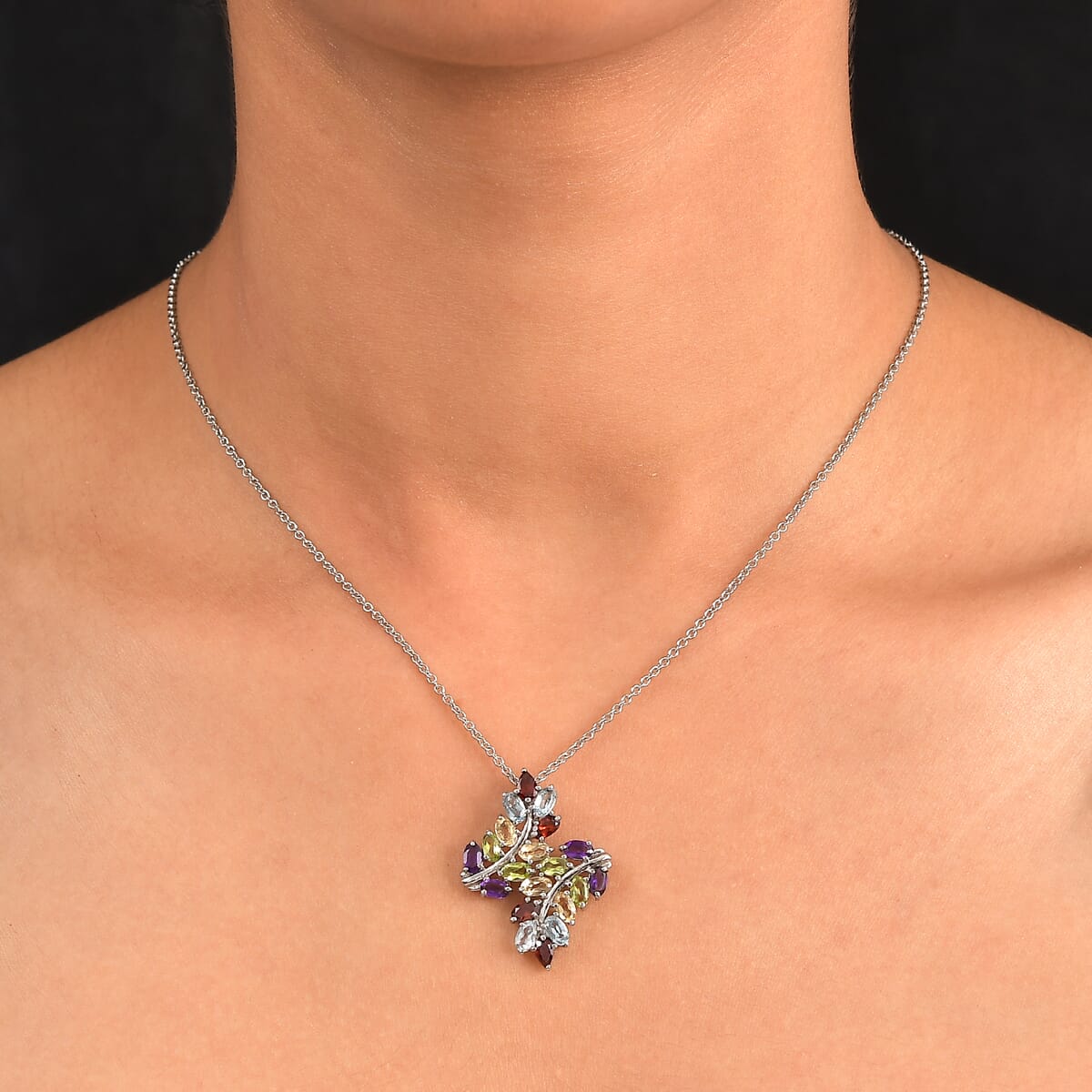 EverTrue Multi Gemstone 4.75 ctw Pendant Necklace 20 Inches in Stainless Steel image number 2