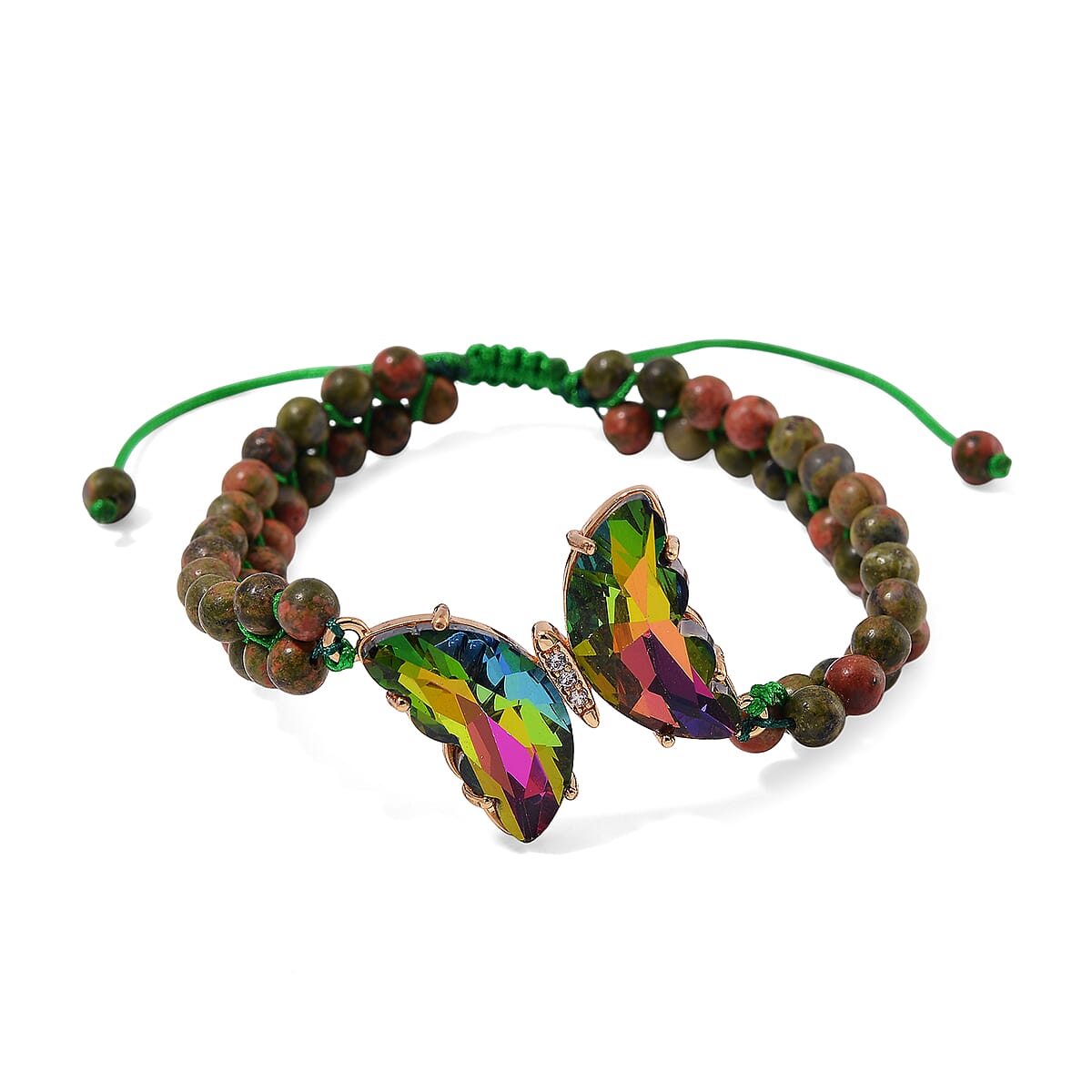 Green Magic Glass, Simulated Diamond and Unakite 49.00 ctw Beaded Butterfly Adjustable Bracelet and Ring (Size 7-10) in Goldtone image number 2
