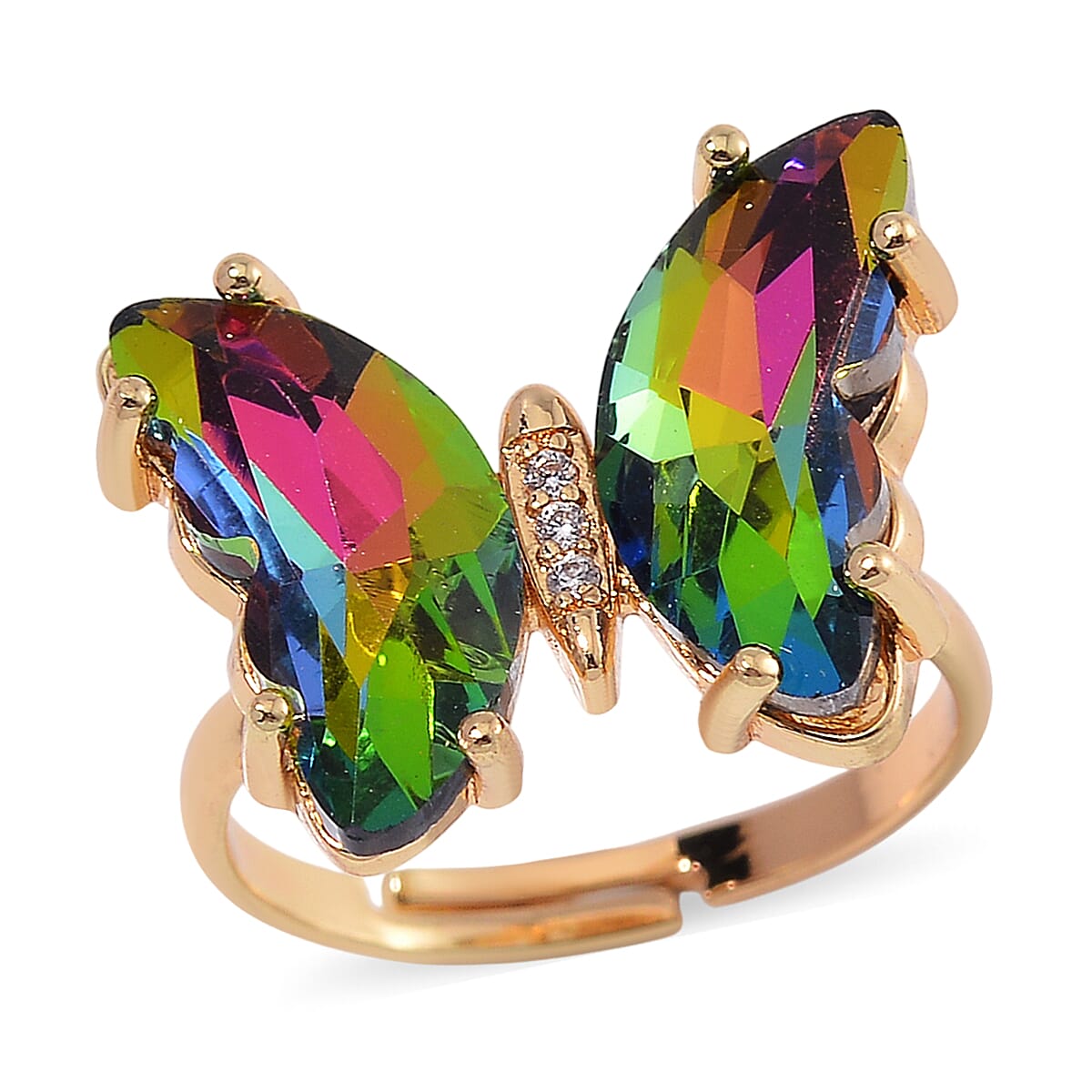 Green Magic Glass, Simulated Diamond and Unakite 49.00 ctw Beaded Butterfly Adjustable Bracelet and Ring (Size 7-10) in Goldtone image number 5