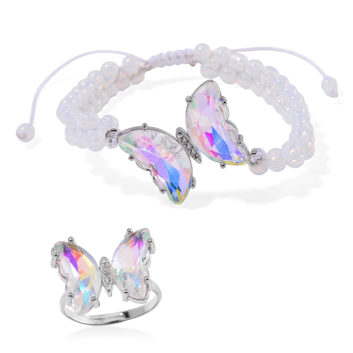 White Magic Glass, Simulated Diamond and Opalite 49.05 ctw Beaded Butterfly Bracelet (7.0In) and Adjustable Ring in Silvertone  image number 0