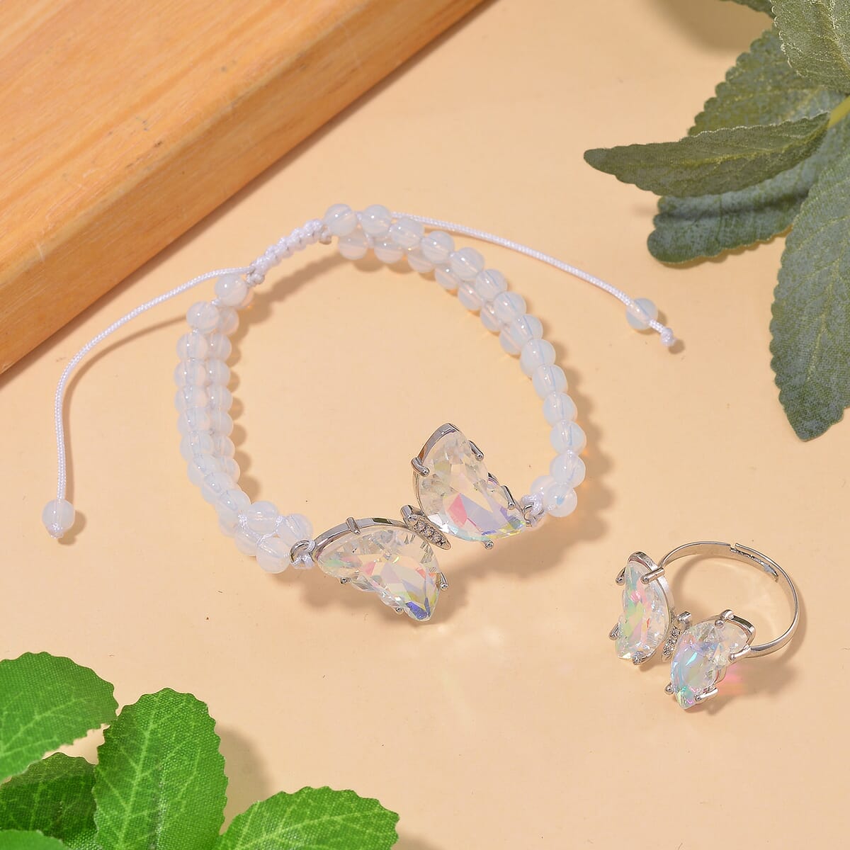 White Magic Glass, Simulated Diamond and Opalite 49.05 ctw Beaded Butterfly Bracelet (7.0In) and Adjustable Ring in Silvertone  image number 1
