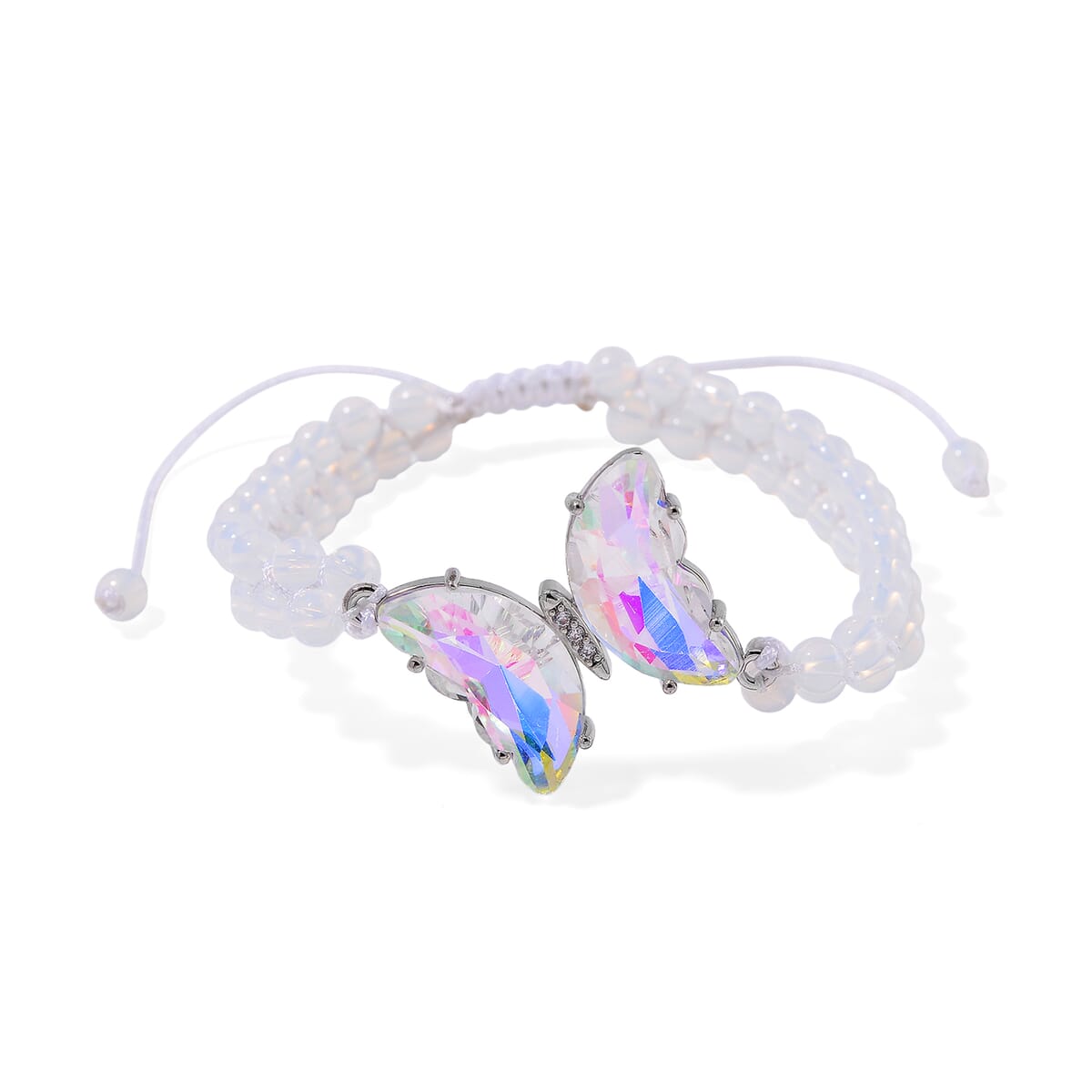 White Magic Glass, Simulated Diamond and Opalite 49.05 ctw Beaded Butterfly Bracelet (7.0In) and Adjustable Ring in Silvertone  image number 2