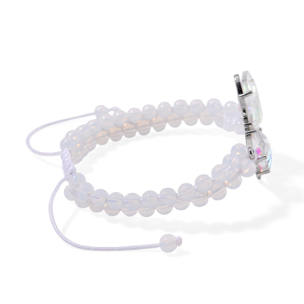White Magic Glass, Simulated Diamond and Opalite 49.05 ctw Beaded Butterfly Bracelet (7.0In) and Adjustable Ring in Silvertone  image number 3