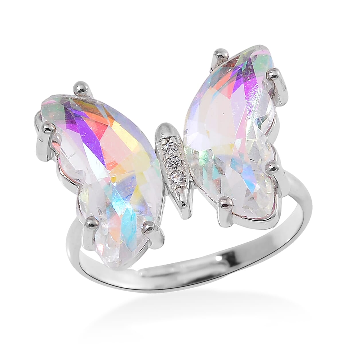 White Magic Glass, Simulated Diamond and Opalite 49.05 ctw Beaded Butterfly Bracelet (7.0In) and Adjustable Ring in Silvertone  image number 5