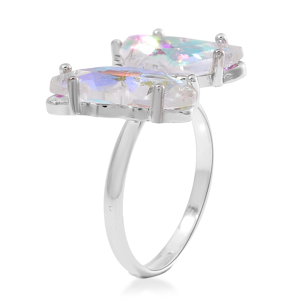 White Magic Glass, Simulated Diamond and Opalite 49.05 ctw Beaded Butterfly Bracelet (7.0In) and Adjustable Ring in Silvertone  image number 6