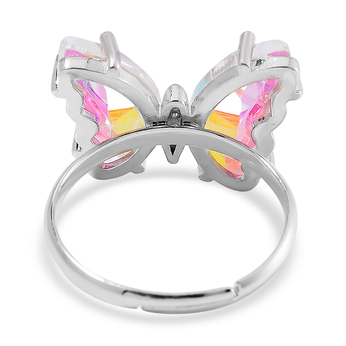 White Magic Glass, Simulated Diamond and Opalite 49.05 ctw Beaded Butterfly Bracelet (7.0In) and Adjustable Ring in Silvertone  image number 7