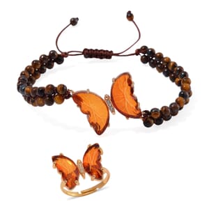 Brown Glass, Simulated Diamond and Yellow Tigers Eye 49.05 ctw Beaded Butterfly Bracelet (6.0In) and Adjustable Ring in Goldtone