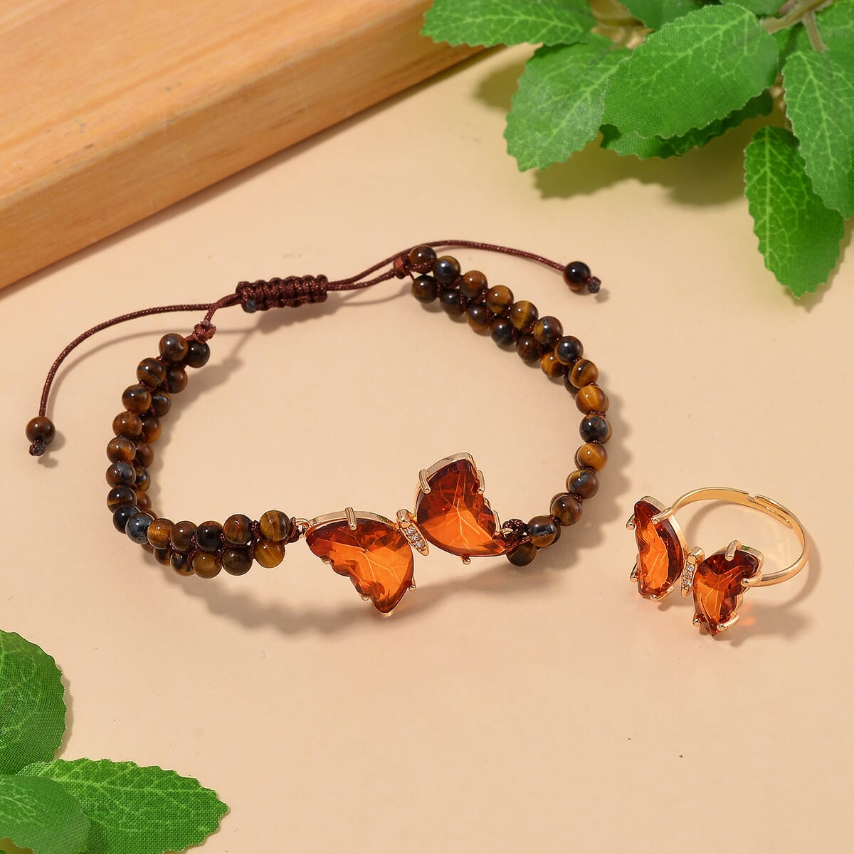 Brown Glass, Simulated Diamond and Yellow Tigers Eye 49.05 ctw Beaded Butterfly Bracelet (6.0In) and Adjustable Ring in Goldtone image number 1