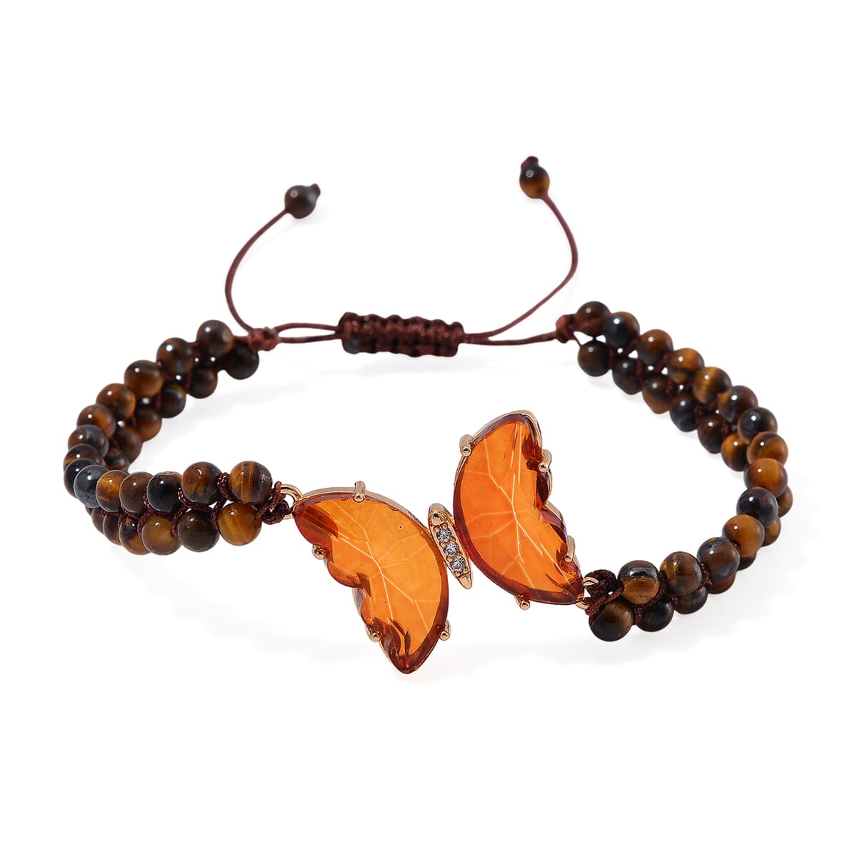 Brown Glass, Simulated Diamond and Yellow Tigers Eye 49.05 ctw Beaded Butterfly Bracelet (6.0In) and Adjustable Ring in Goldtone image number 2