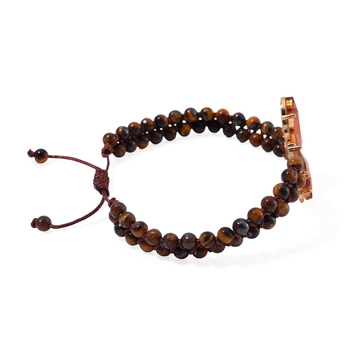 Brown Glass, Simulated Diamond and Yellow Tigers Eye 49.05 ctw Beaded Butterfly Bracelet (6.0In) and Adjustable Ring in Goldtone image number 3