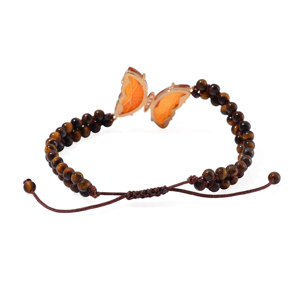 Brown Glass, Simulated Diamond and Yellow Tigers Eye 49.05 ctw Beaded Butterfly Bracelet (6.0In) and Adjustable Ring in Goldtone image number 4