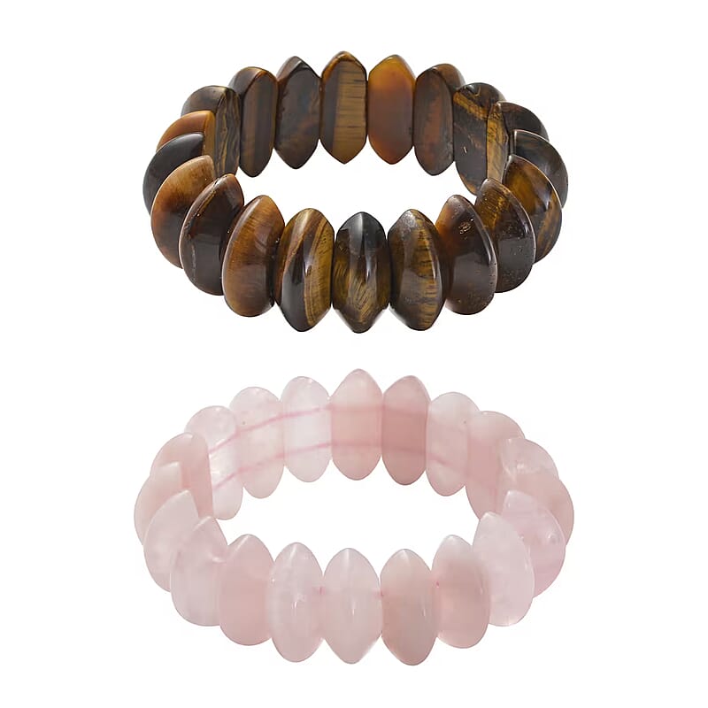 Set of 2 Yellow Tiger's Eye and Galilea Rose Quartz Beaded 660.50 ctw Stretch Bracelet 