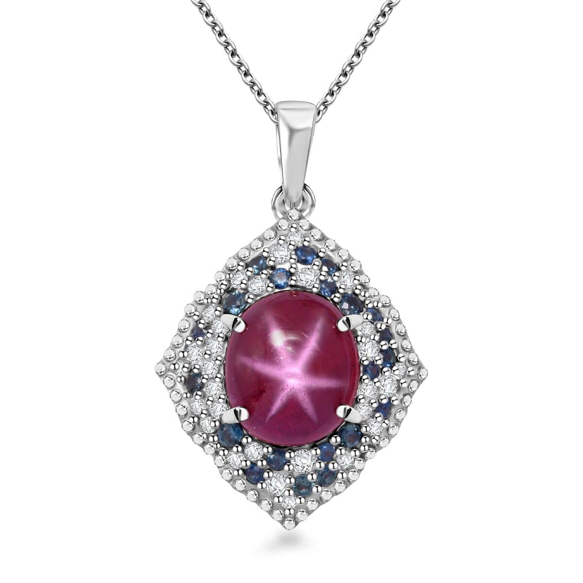 Doorbuster African Ruby (FF) and Multi Gemstone 9.20 ctw Victorian Halo Pendant Necklace in Rhodium Over Sterling Silver 20 Inches image number 0