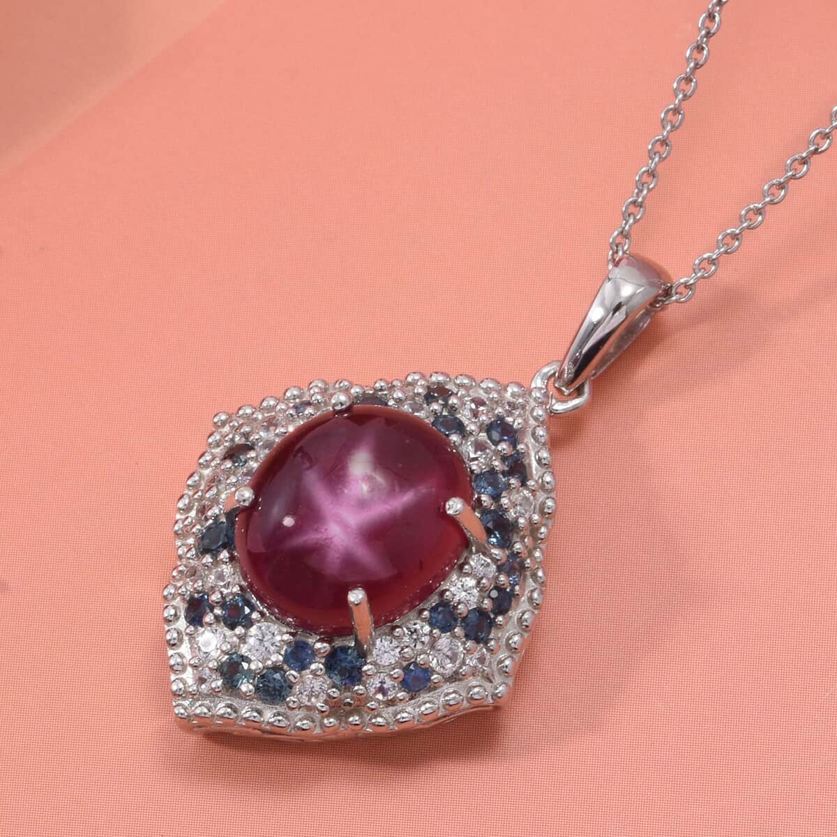 Doorbuster African Ruby (FF) and Multi Gemstone 9.20 ctw Victorian Halo Pendant Necklace in Rhodium Over Sterling Silver 20 Inches image number 1