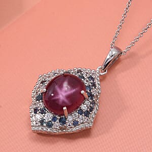 African Ruby (FF) and Multi Gemstone 9.20 ctw Victorian Halo Pendant Necklace in Rhodium Over Sterling Silver 20 Inches