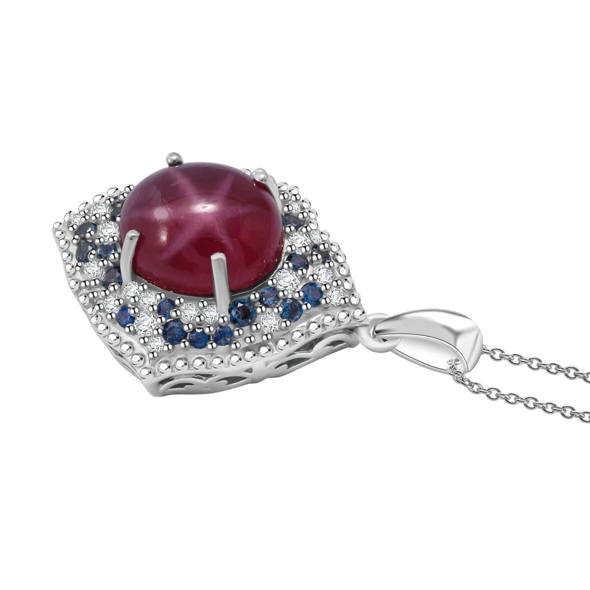 Doorbuster African Ruby (FF) and Multi Gemstone 9.20 ctw Victorian Halo Pendant Necklace in Rhodium Over Sterling Silver 20 Inches image number 3