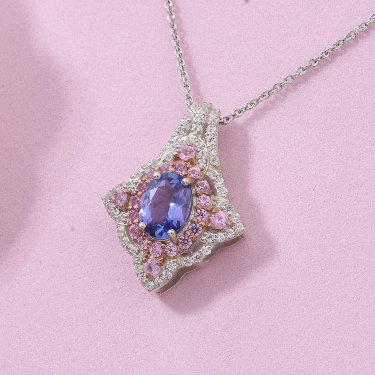 Tanzanite and Multi Gemstone 2.35 ctw Majestic Floral Pendant Necklace in Rhodium Over Sterling Silver 20 Inches image number 1