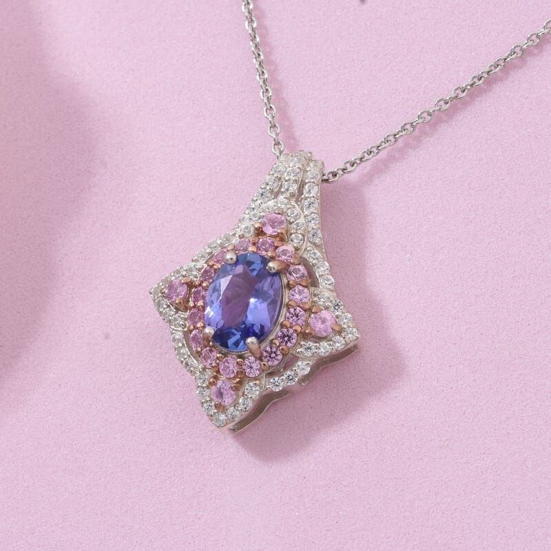 D'Joy Tanzanite and Multi Gemstone 2.35 ctw Majestic Floral Pendant Necklace in Rhodium Over Sterling Silver 20 Inches