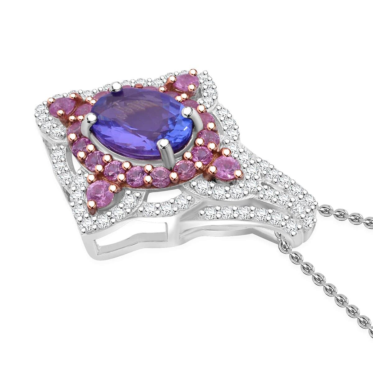 Tanzanite and Multi Gemstone 2.35 ctw Majestic Floral Pendant Necklace in Rhodium Over Sterling Silver 20 Inches image number 3