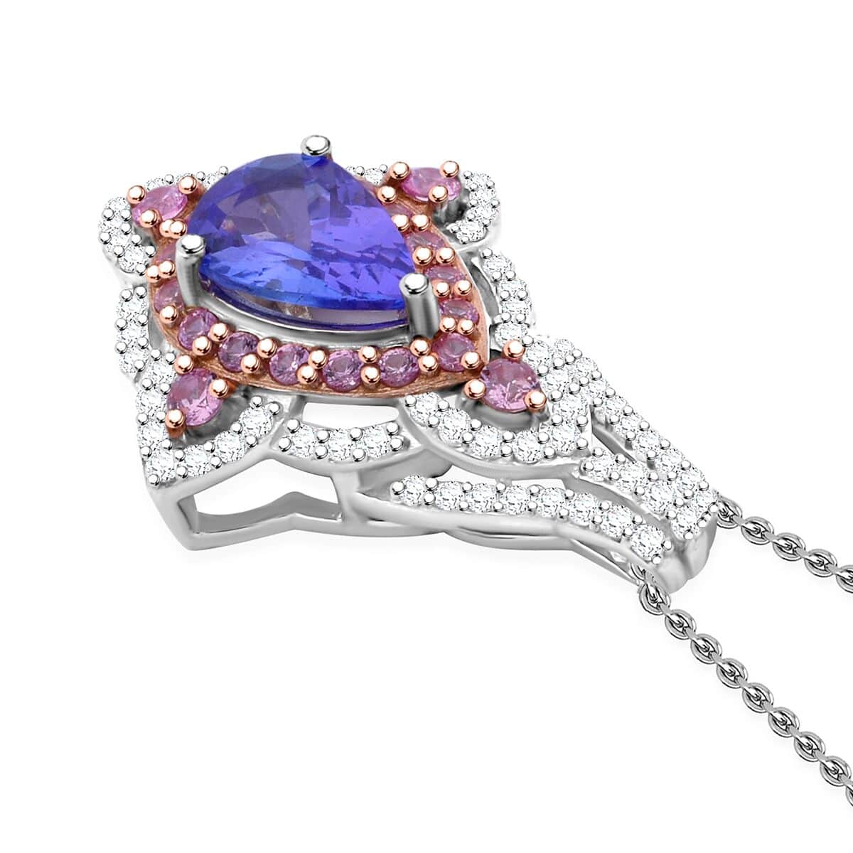 Tanzanite and Multi Gemstone 2.50 ctw Majestic Floral Pendant Necklace in Rhodium Over Sterling Silver 20 Inches image number 3