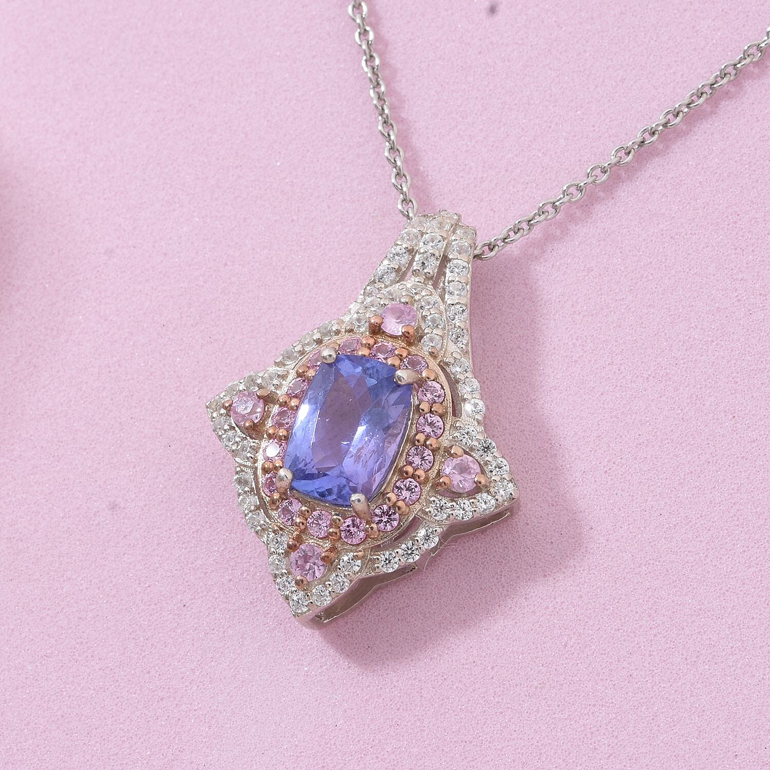 Tanzanite and Multi Gemstone 2.60 ctw Majestic Floral Pendant Necklace in Rhodium Over Sterling Silver 20 Inches