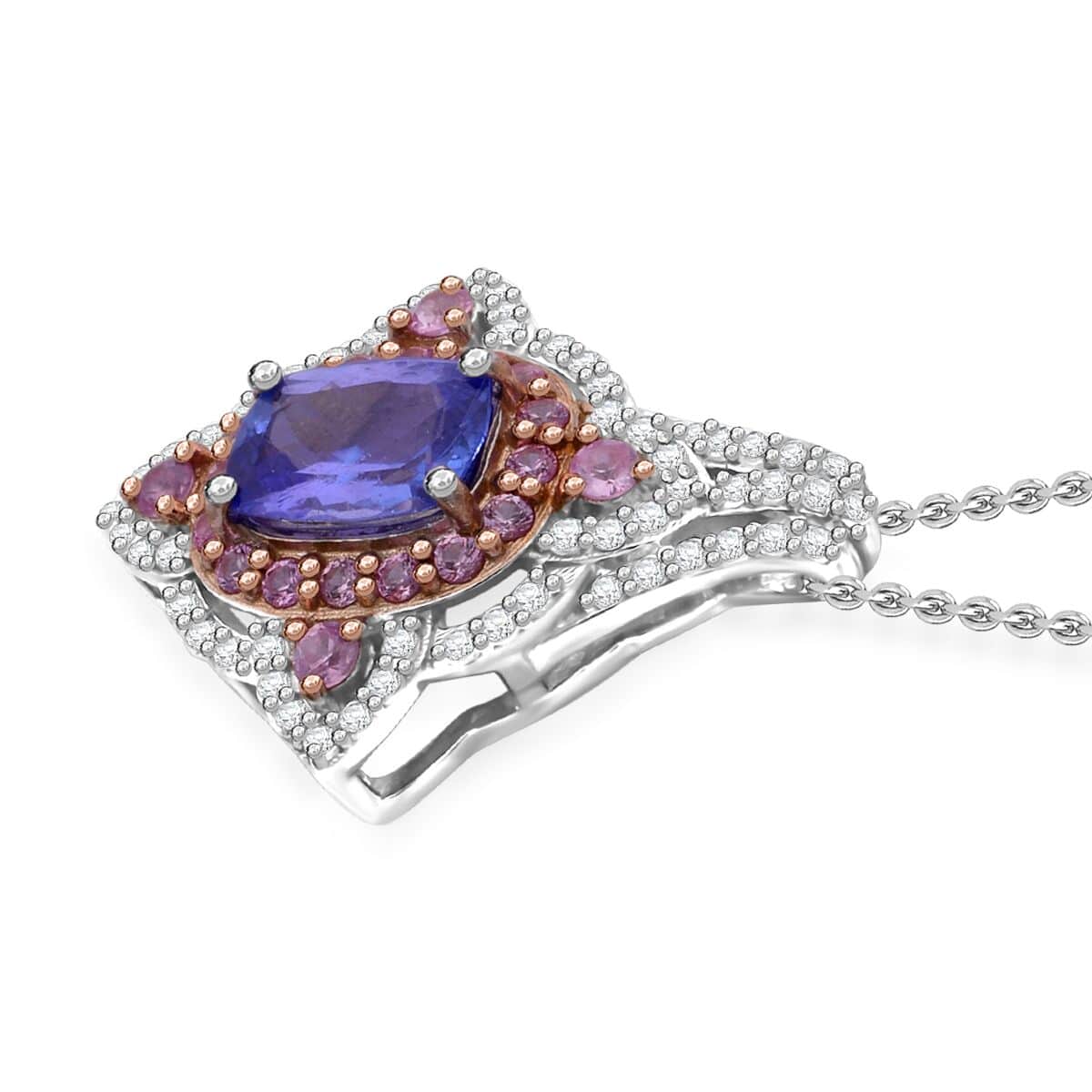 Tanzanite and Multi Gemstone 2.60 ctw Majestic Floral Pendant Necklace in Rhodium Over Sterling Silver 20 Inches image number 3