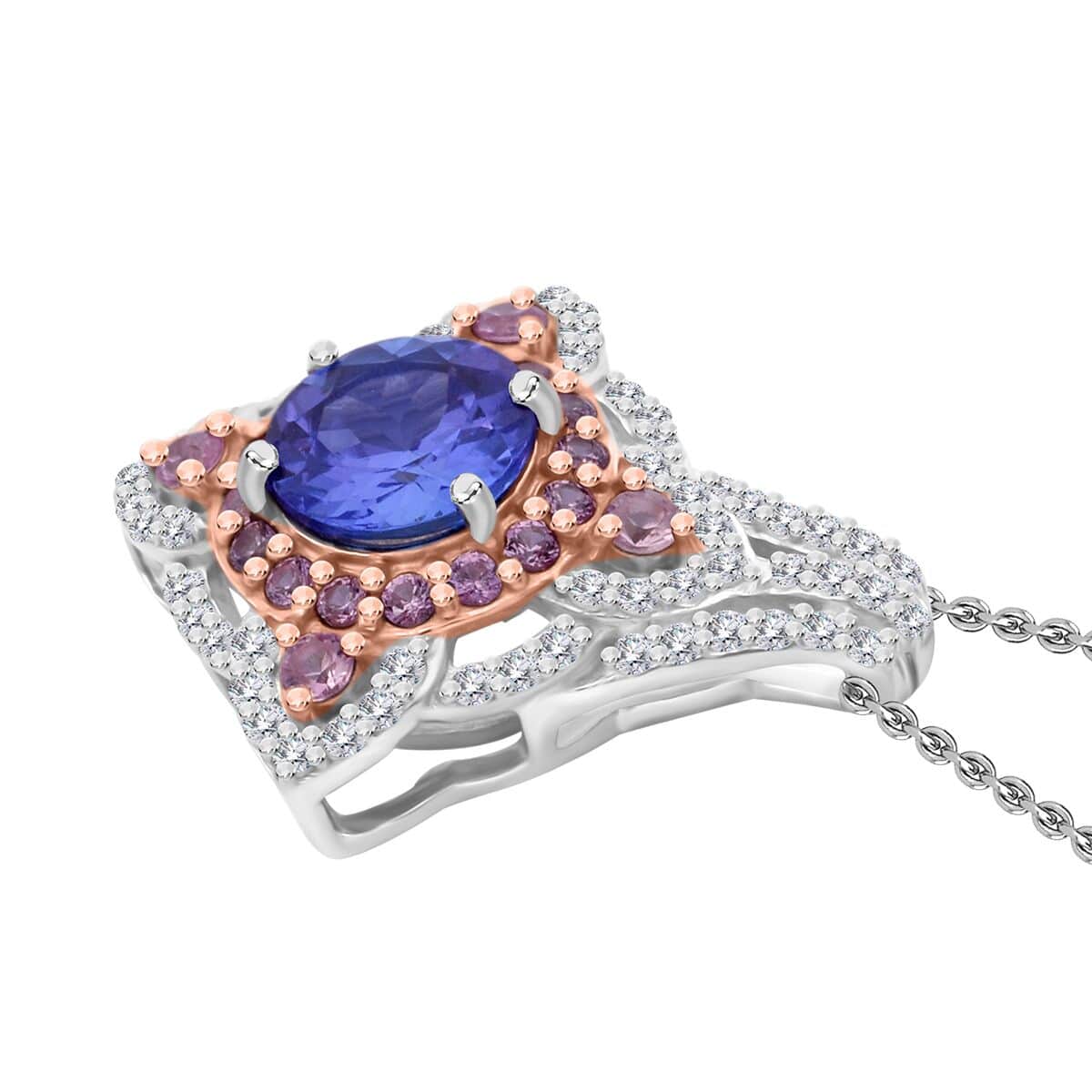 Tanzanite and Multi Gemstone 2.40 ctw Majestic Floral Pendant Necklace in Rhodium Over Sterling Silver 20 Inches image number 3